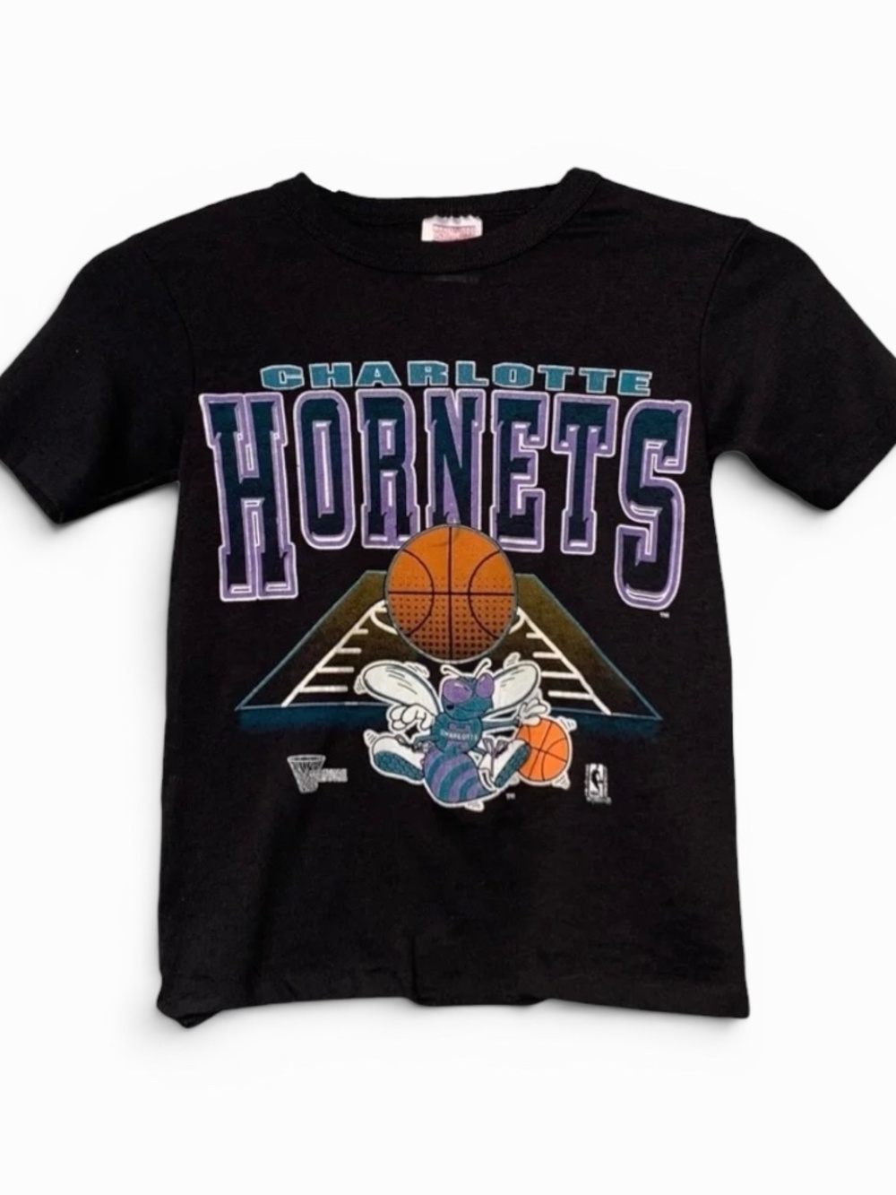 Vintage 90s Charlotte Hornets Single Stitch Graphic Tee Black Youth Medium NBA